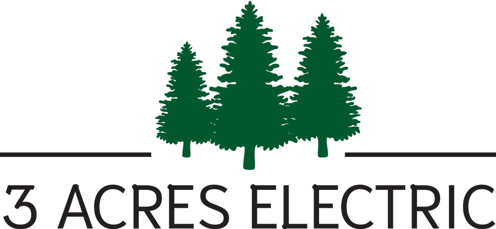 Logo for 3 Acres Electric featuring three green pine trees above the company name in bold black letters. The text is split by the tree trunks, and thin black lines extend horizontally on each side.